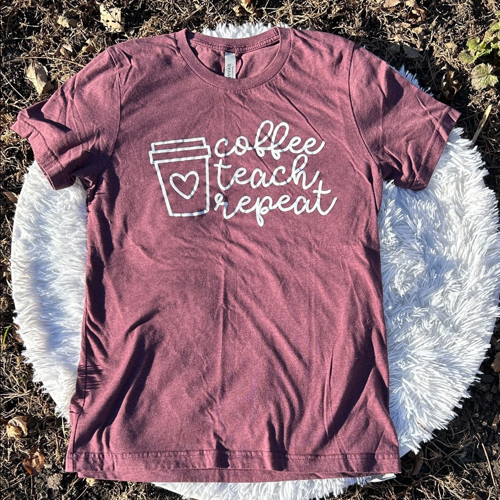 🩶5/$30 Bella Canvas Heather Plum “ Coffee Teach Repeat ” T-shirt Size Medium